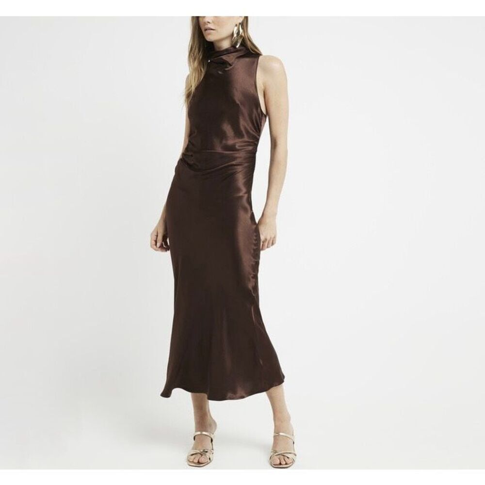 NWT River Island Studios Brown Satin Halter Cowl Neck Midi Dress Women’s 16US